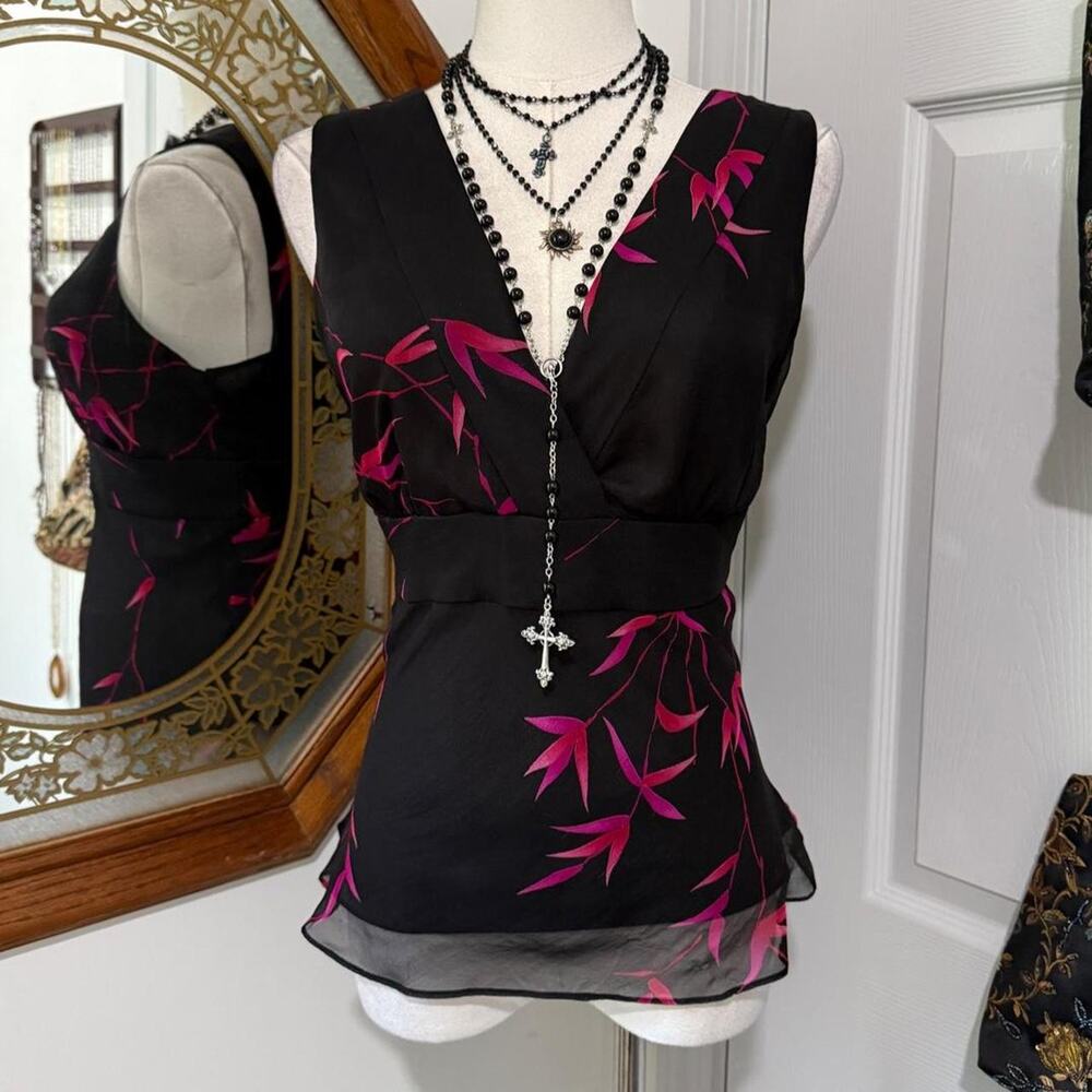 VTG Y2K ICE Black & Pink Floral Botanical Silk Sleeveless Dark Feminine Top M